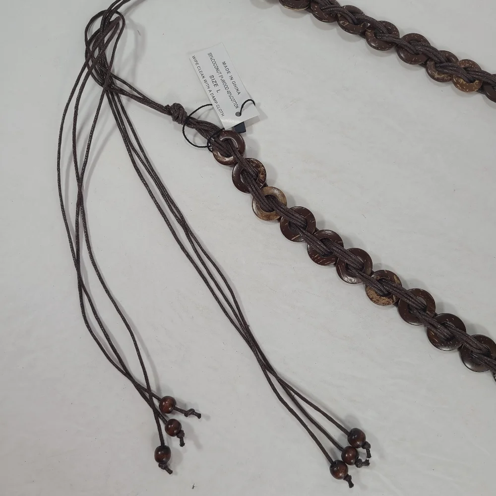 Coconut Shell Circle Disc Boho Brown Tie Closure Belt Women Size Large